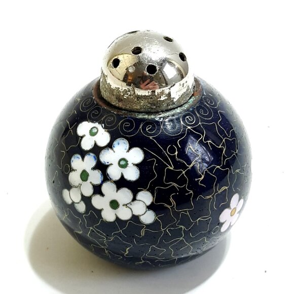 Chinese Cloisonne Salt  Vintage Enamel Brass Floral Black Blossoms  Pink - Picture 1 of 7